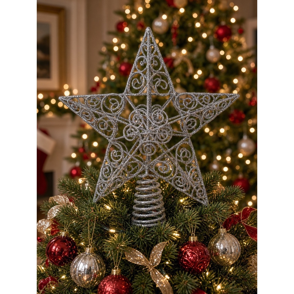 Trim A Home Vintage Star Tree Topper Silver Glitter Filigree Scrollwork in Box